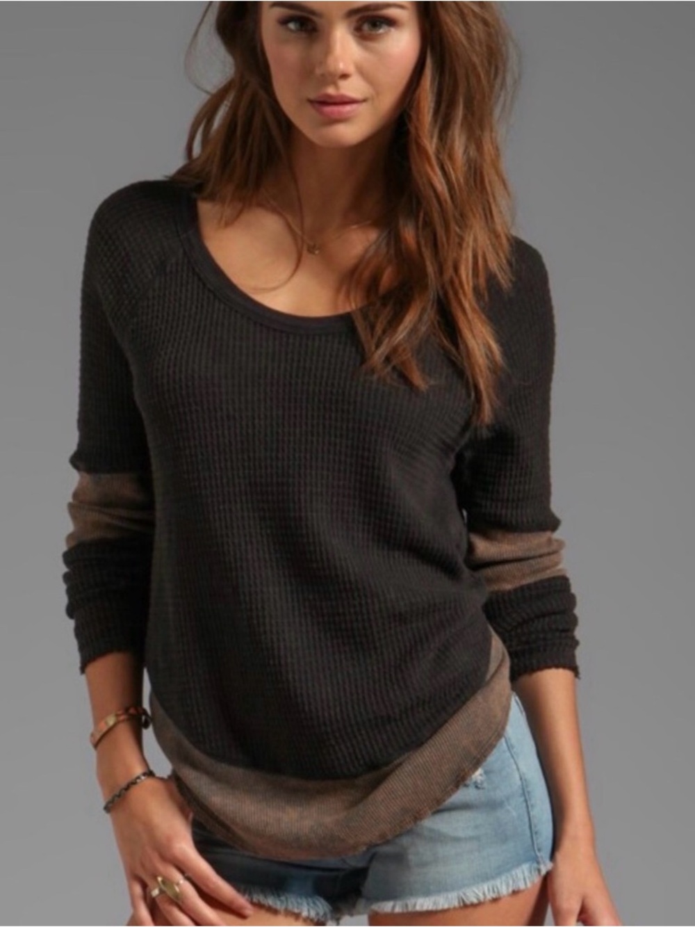 Free People Diamond Dozen Black & Brown Waffle Knit Scoop Neck Long Sleeve Top L